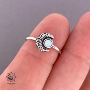 Crescent Moon Ring Sterling Silver 925 White Lab Opal Size 4